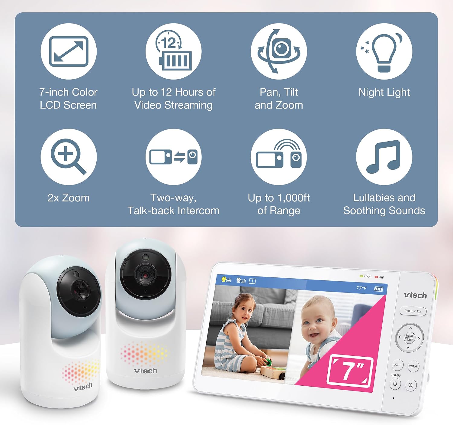 VTech 2-Cameras Video Baby Monitor with 7' Color LCD Screen, Rechargeable Battery, Video and Audio Streaming, Pan-Tilt-Zoom, Touch Multi-Color Night Light, Two-Way Talk: Advanced Max Twin (Blue)