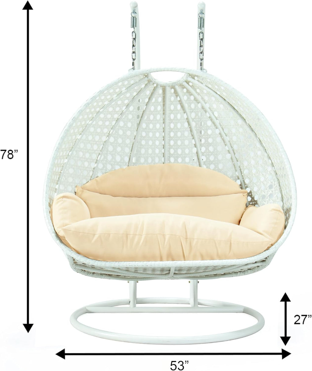 LeisureMod 2 Person Wicker Egg Chair Outdoor Indoor Bedroom Patio Hanging Lounge Swing Hammock Chairs with White Stand and UV Resistant Cushions (Cream)