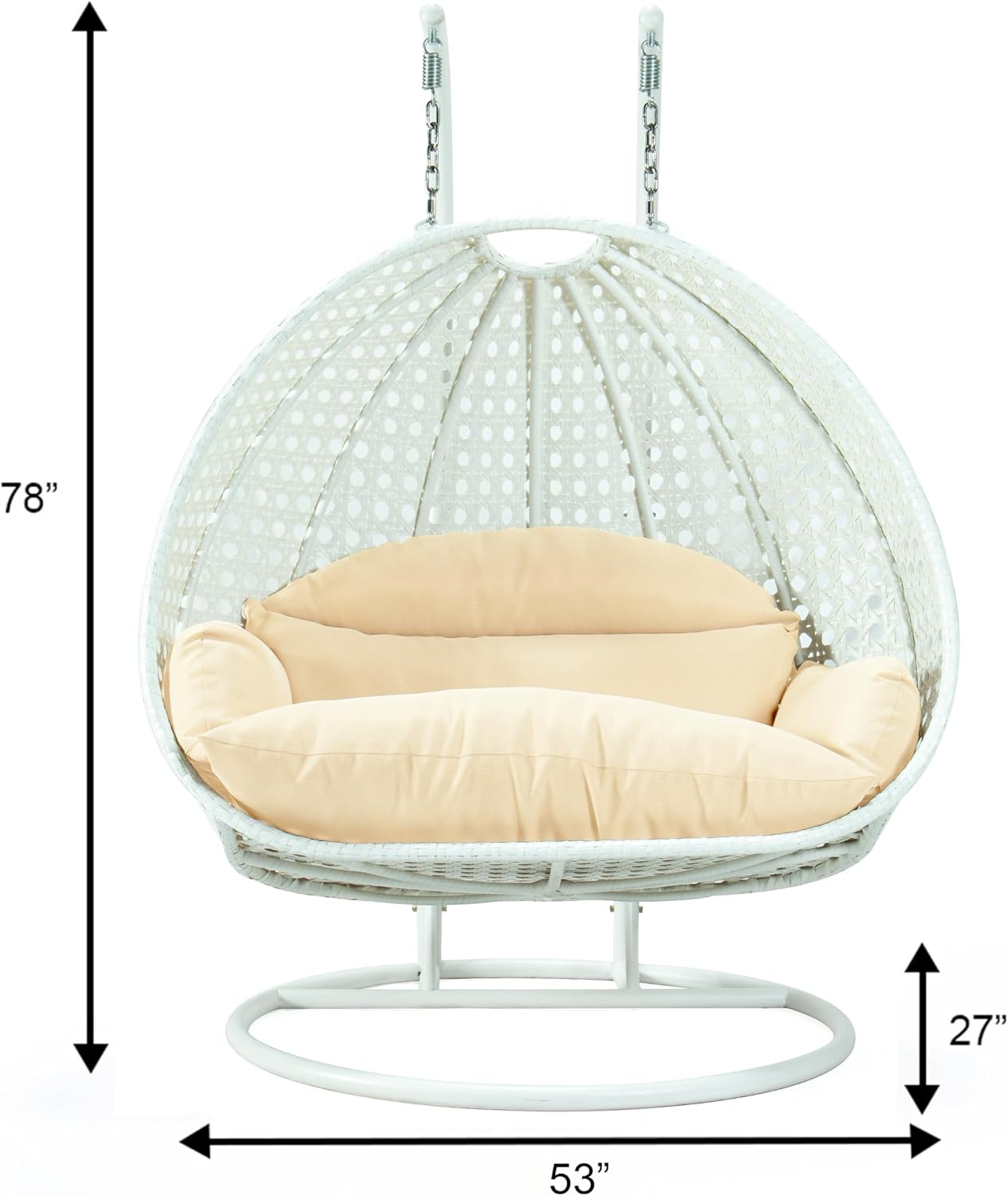 LeisureMod 2 Person Wicker Egg Chair Outdoor Indoor Bedroom Patio Hanging Lounge Swing Hammock Chairs with White Stand and UV Resistant Cushions (Cream)