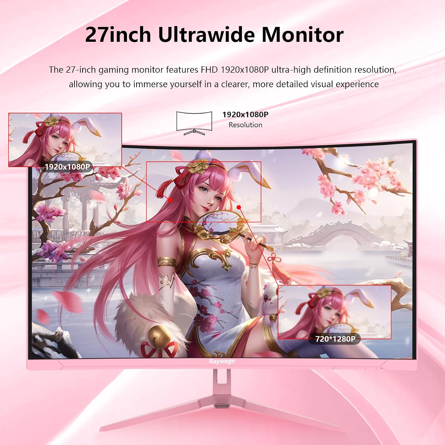 Raywego Pink 27 inch Curved Gaming Monitor 100Hz,FHD 1080P,1500R LED Display,Pink Computer Monitor,3ms (MPRT),FreeSync,Eye-Care Technology, DP, HDMI Port for Gaming Home Office,VESA(75mm×75mm)