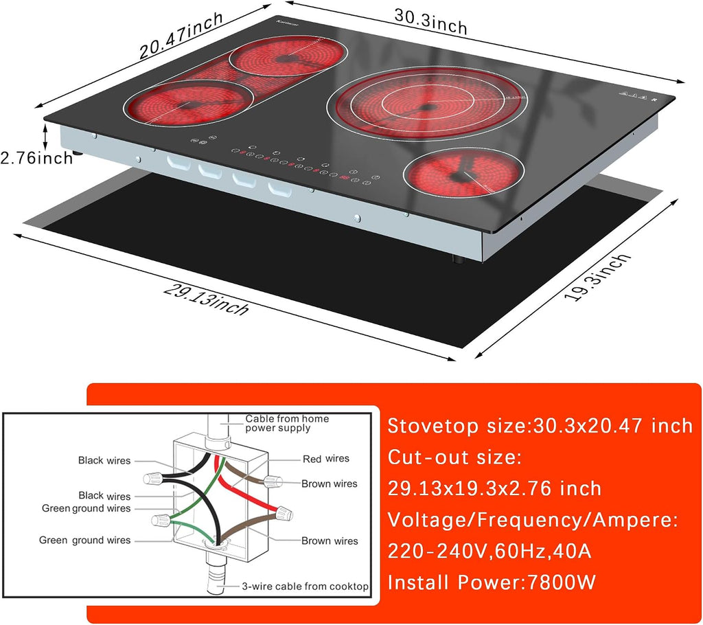 Karinear Electric Cooktop 30 Inch, 4 Burners Electric Stove Top, Flexible Bridge &Triple Ring Expandable Burners, Pause, Timer, Child Safety Lock, 7800W Built-in Ceramic Cooktop for 220-240V Hard Wire