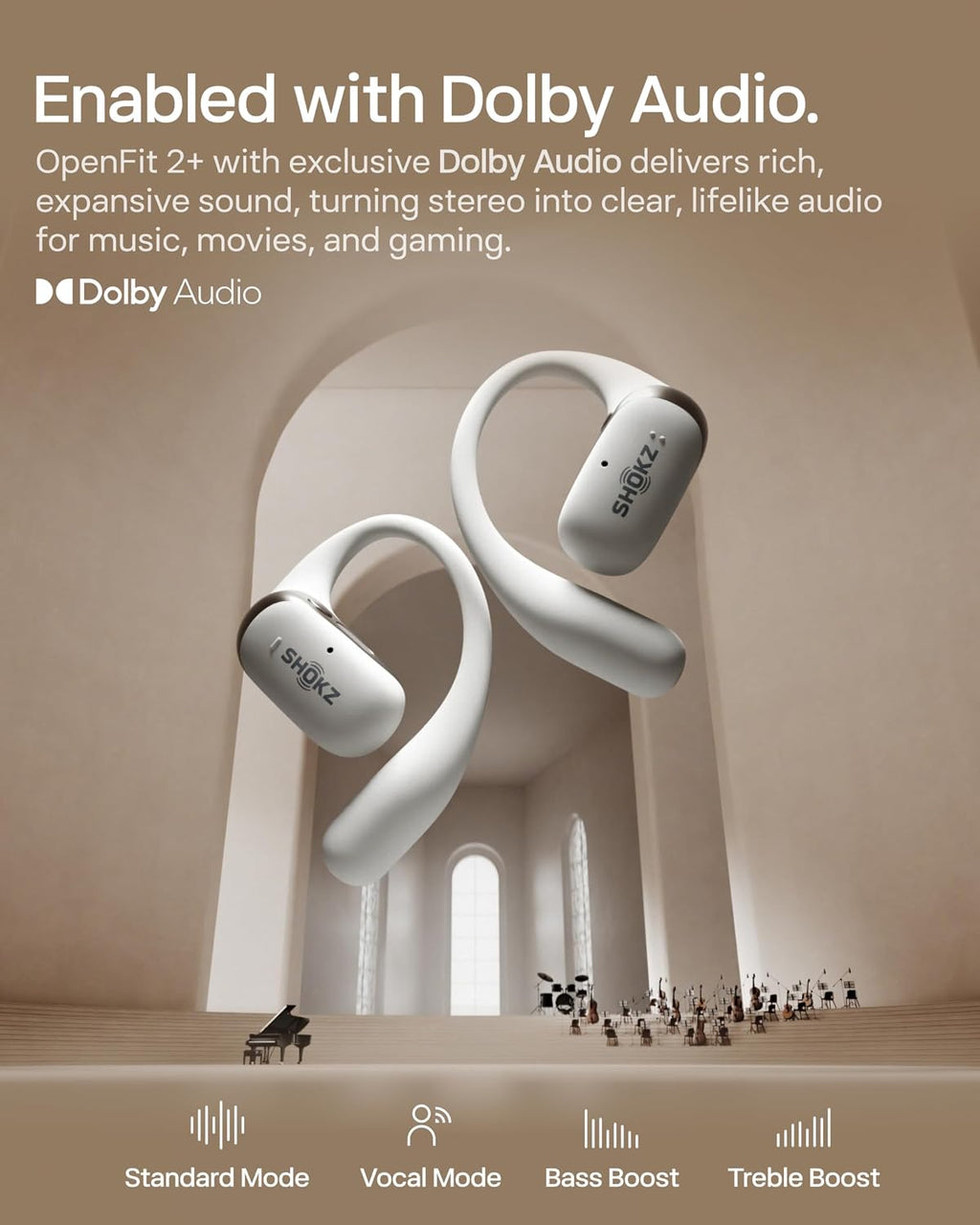 SHOKZ NEW OpenFit 2+ Open-Ear Headphones, Dolby Audio Enabled, Comfortable Earbuds with Soft Ear Hooks, 48H Playtime, IP55 Water-Resistant, USB-C Fast Charging, Wireless Charging, Carrying Bag, Grey