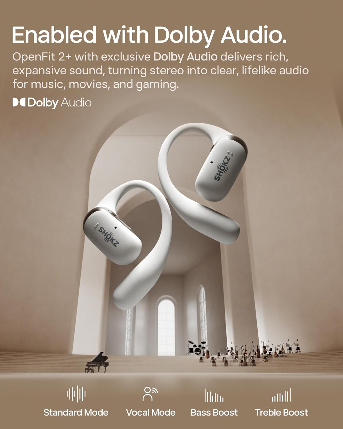SHOKZ NEW OpenFit 2+ Open-Ear Headphones, Dolby Audio Enabled, Comfortable Earbuds with Soft Ear Hooks, 48H Playtime, IP55 Water-Resistant, USB-C Fast Charging, Wireless Charging, Carrying Bag, Grey