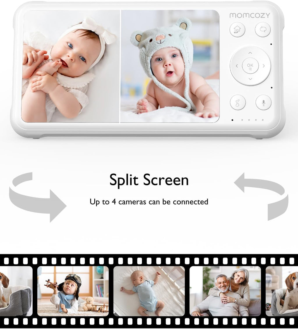 Momcozy Baby Monitor with 2 Cameras 5'' 1080P Split Screen Video Baby Monitor with Camera and Audio no WiFi for Baby Safety 5000mAh Battery Infrared Night Vision 2-Way Audio 960ft Range Ideal Gift