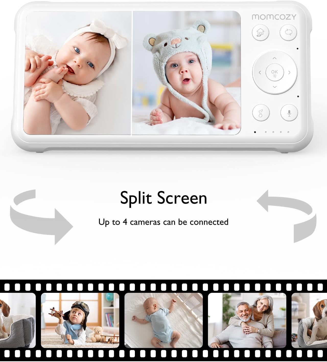 Momcozy Baby Monitor with 2 Cameras 5'' 1080P Split Screen Video Baby Monitor with Camera and Audio no WiFi for Baby Safety 5000mAh Battery Infrared Night Vision 2-Way Audio 960ft Range Ideal Gift