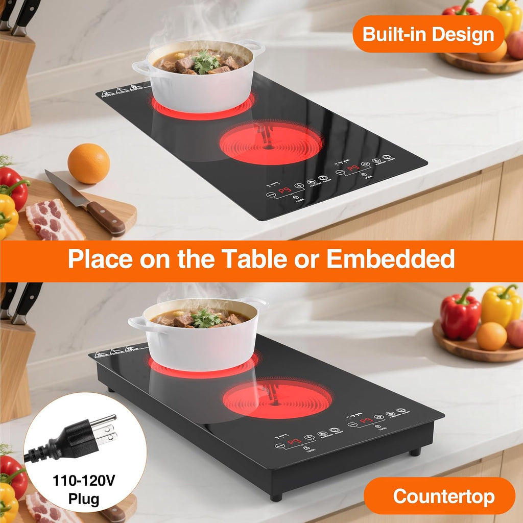 WABK Electric Cooktop 2 Burners, 12' Electric Stove Top with Plug in, Sensor Control Countertop & Built-in Ceramic Cooktop, Keep-Warm, 9 Heating Level, Timer, Child Lock, Compatible with All Cookware