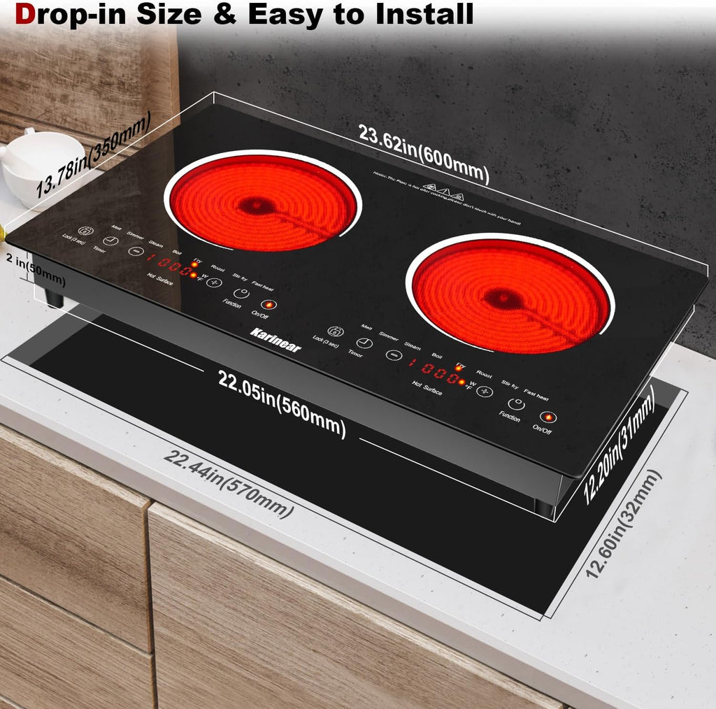 Karinear 2 Burners Electric Cooktop 24 Inch, 110v~120v Countertop and Built-in Elecric Stove Top, Portable Electric Radiant with Outlet Plug, Sensor Touch, Child Safety Lock, Timer(white)