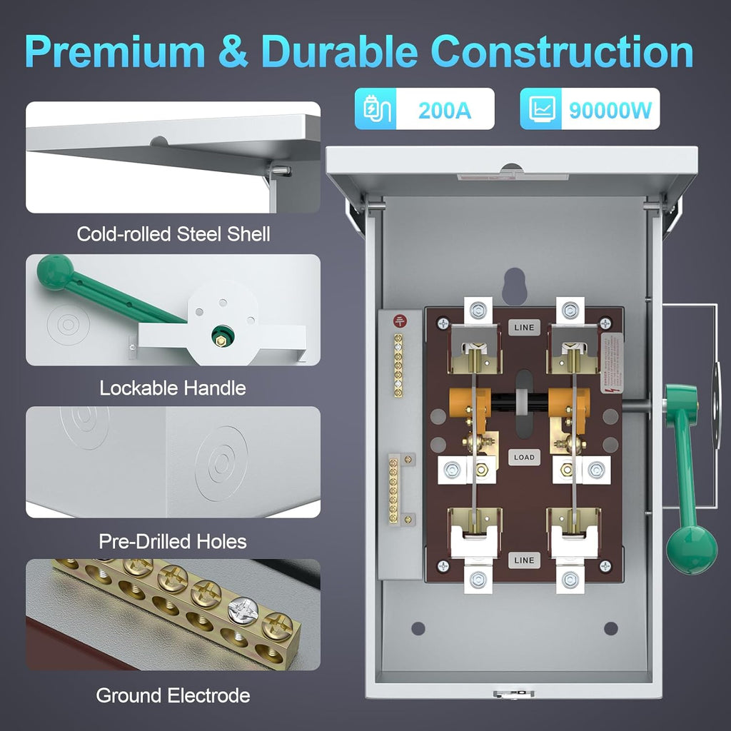 200A Generator Transfer Switch, 24000/48000/90000W General-Duty Double-Throw Safety Switch, 120/240/450V Manual Transfer Switch with Arc Extinguishing Cover, NEMA 3R Standards for Indoor/Outdoor Use