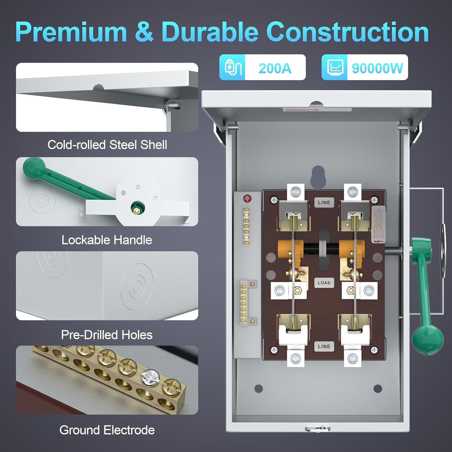 200A Generator Transfer Switch, 24000/48000/90000W General-Duty Double-Throw Safety Switch, 120/240/450V Manual Transfer Switch with Arc Extinguishing Cover, NEMA 3R Standards for Indoor/Outdoor Use