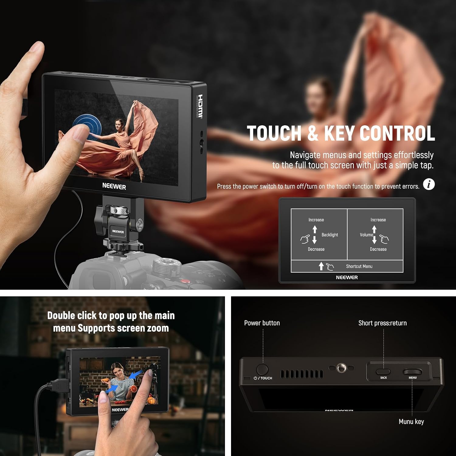 NEEWER 5.5' Camera Field Monitor, 2000nit HD 1920x1080 IPS Touch Screen, 4K HDMI Loop in/Out with 3D LUT Peak Focus DSLR Video Assist HDR Waveform, 5200mAh F750 Battery, DC7-24V/Type C 5V In, F500 PRO