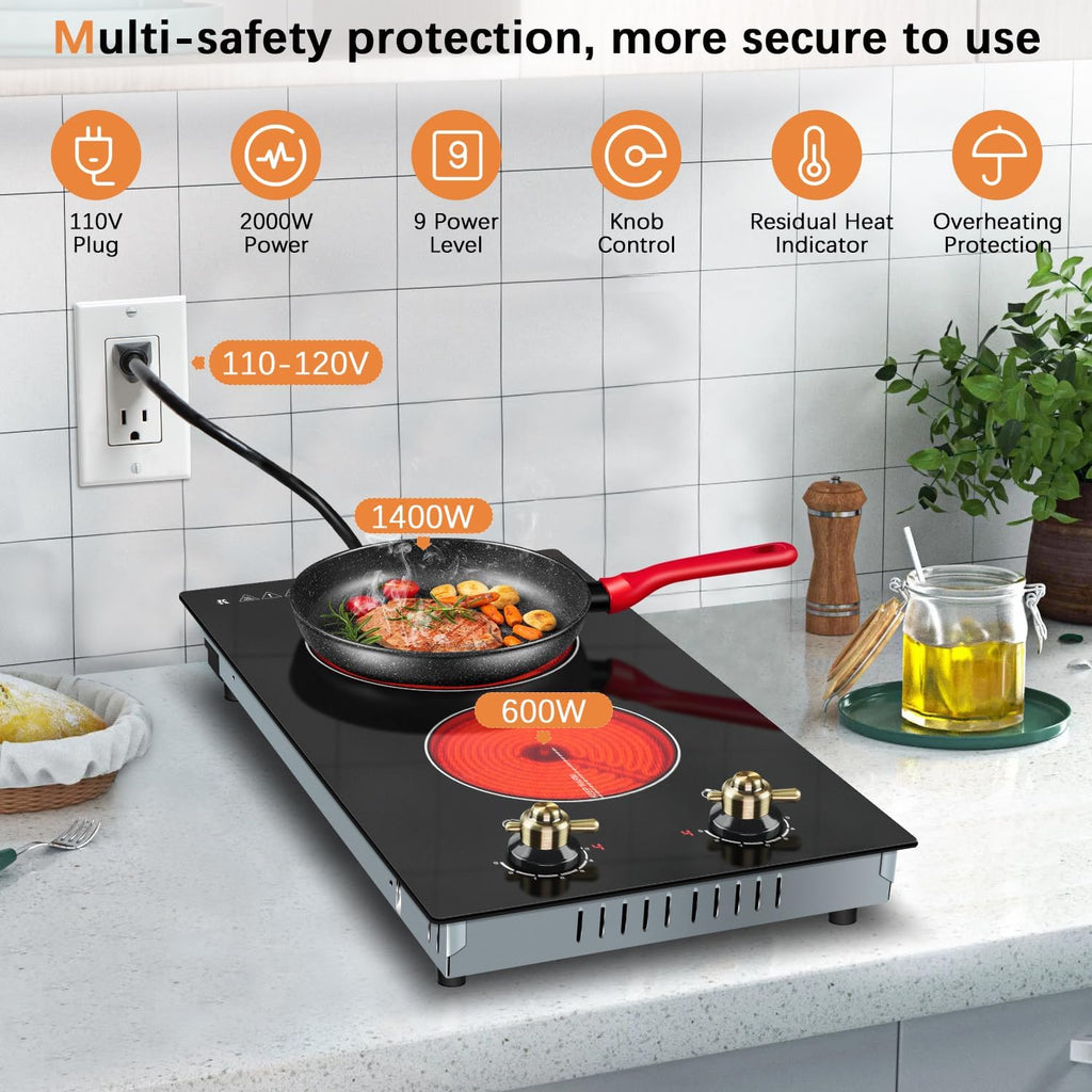 Karinear 110V Electric Cooktop 2 Burners Electric Stove 12 Inch Knob Control Countertop & Built-in Ceramic Cooktop, 9 Heating Level, Hot Warning, Over-Temperature Protection(Gold Knob)