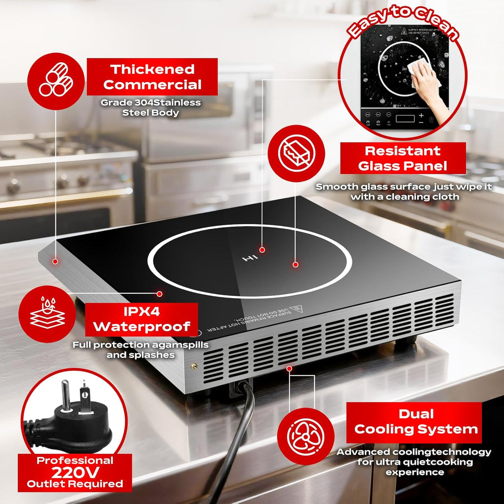 Commercial Induction Cooktop, 3500W 220V Electric Countertop Burner with Large heating area, 5 Quick-Temp Modes, Timer & LED Display, Portable Induction Hot Plate for Restaurant Kitchen Hotel Catering