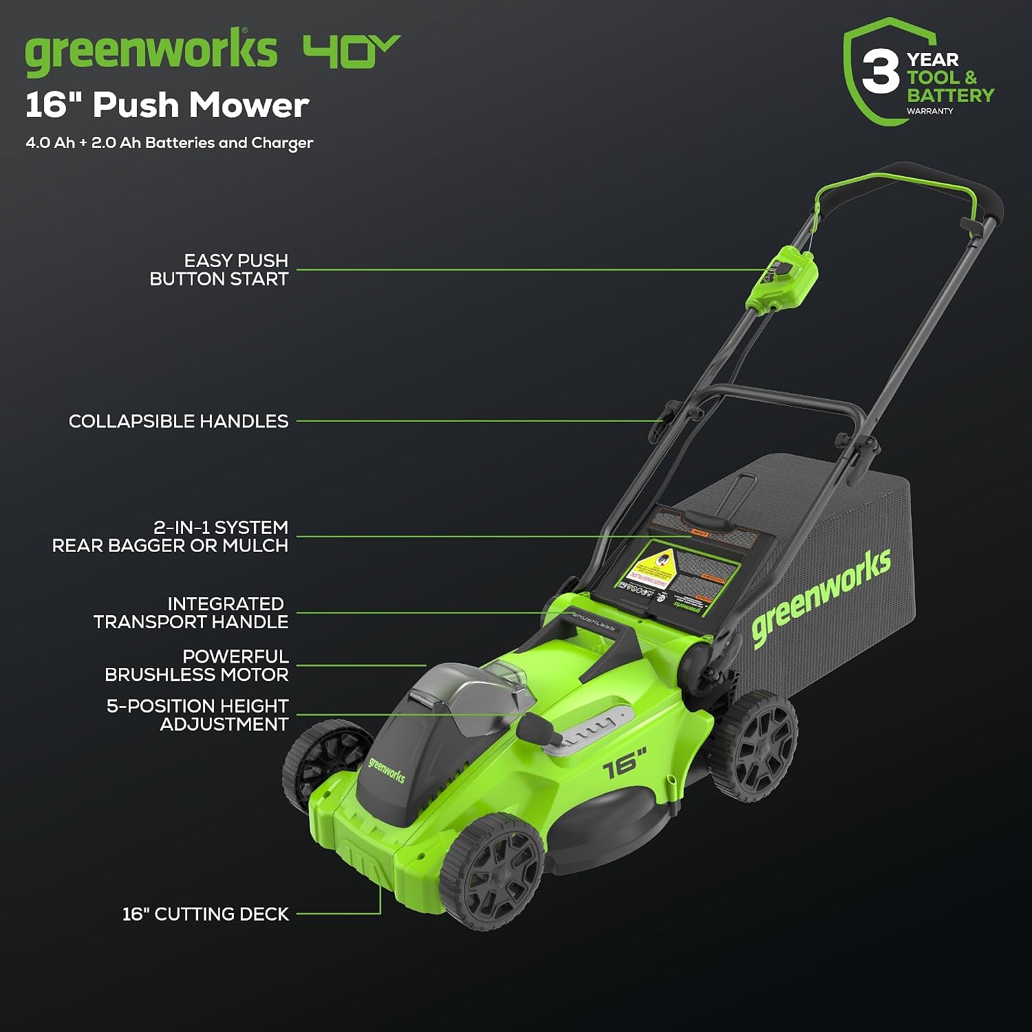 Greenworks 40V 16' Brushless Cordless (Push) Lawn Mower + Blower (350 CFM) + 13' String Trimmer (Bonus Spools), 4.0Ah + 2.0Ah Battery and Charger Included (75+ Compatible Tools)