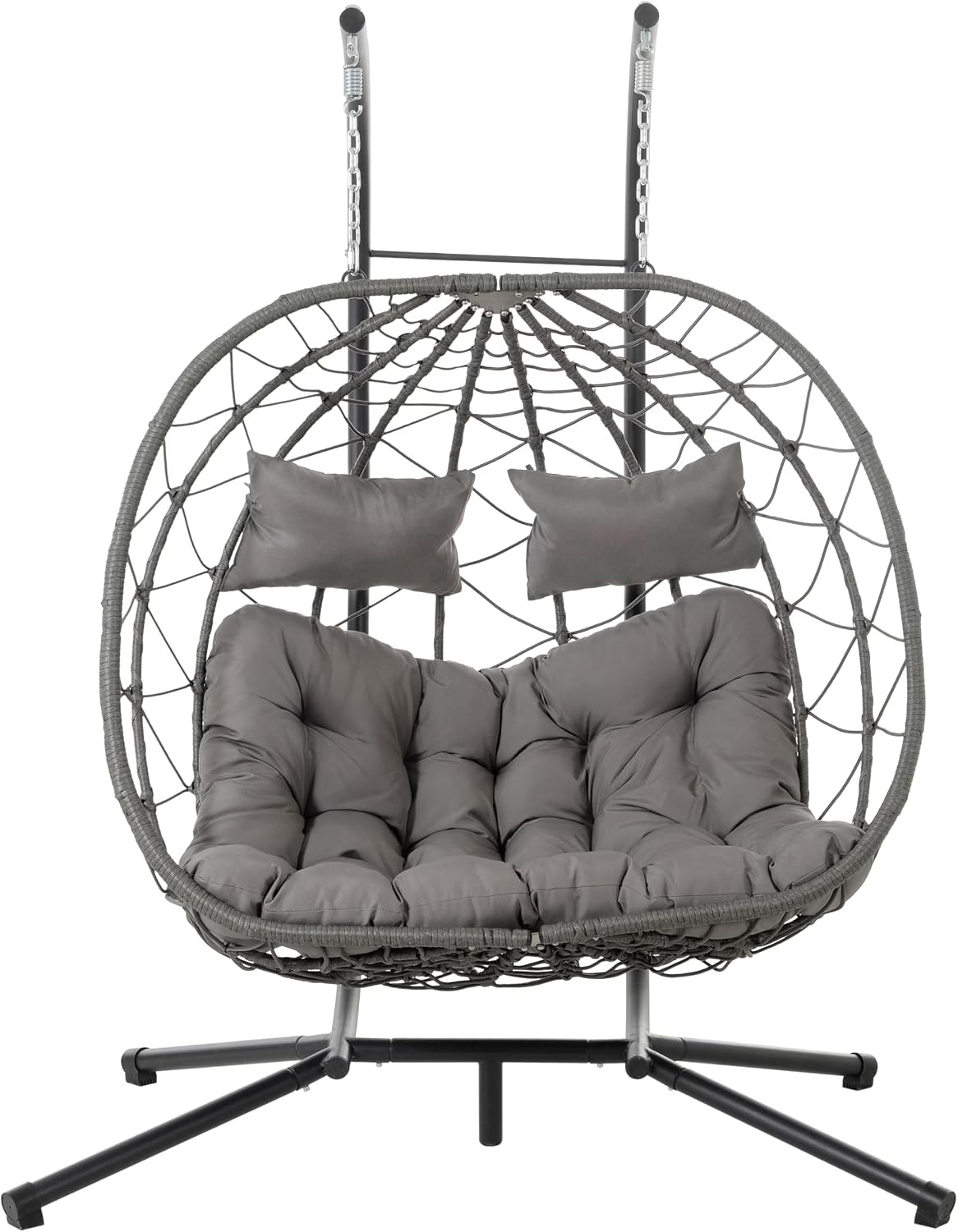 2 - Person Hanging Egg Chair with Stand, Steel Frame, for Outdoor & Indoor Use Double Wicker Egg Chair for Patio, Garden, or Balcony Light Gray