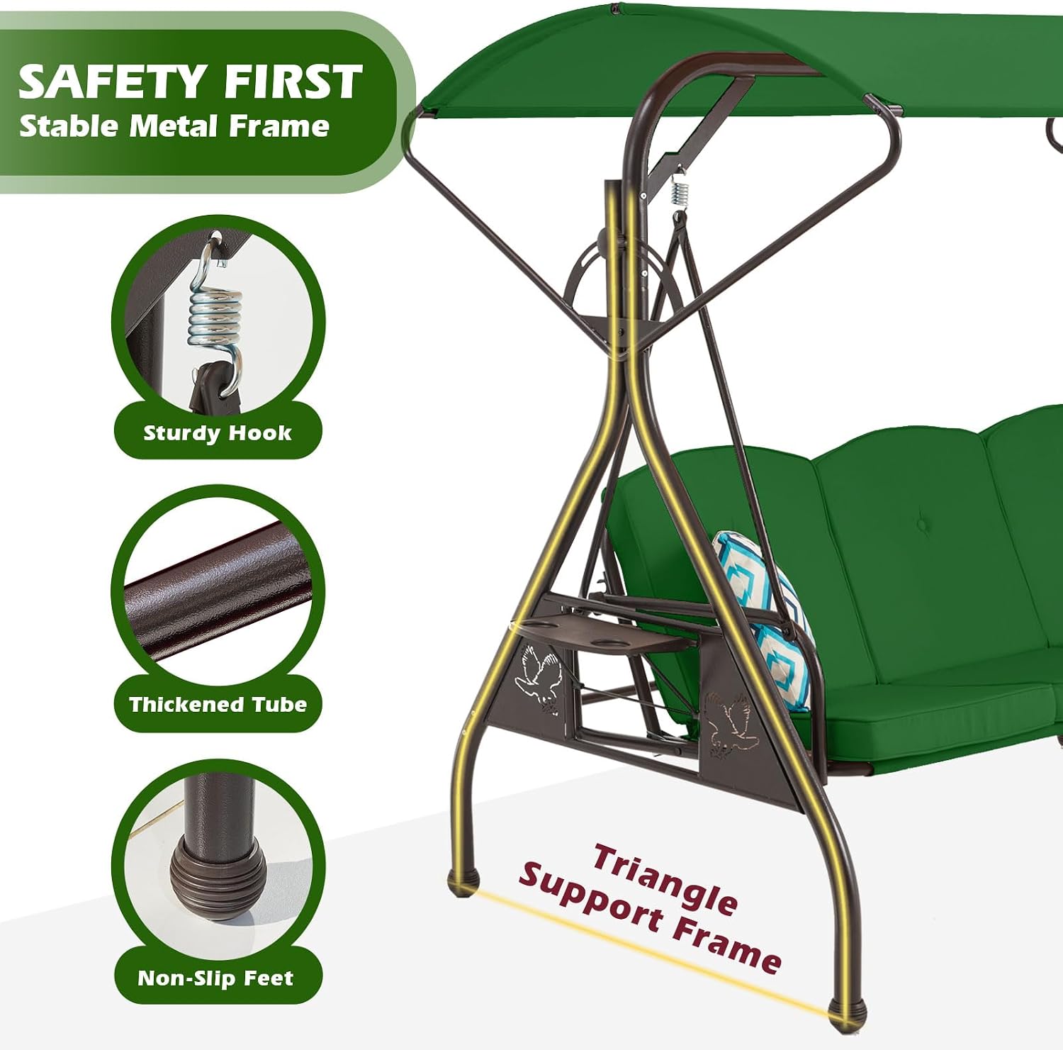 ZZW 800LBS Patio Swing with Canopy 3 Seat Outdoor Porch Swing with Stand w/Cup Holder & Pillow Glider Chair Swing Bed for Patio Backyard Poolside (Green)