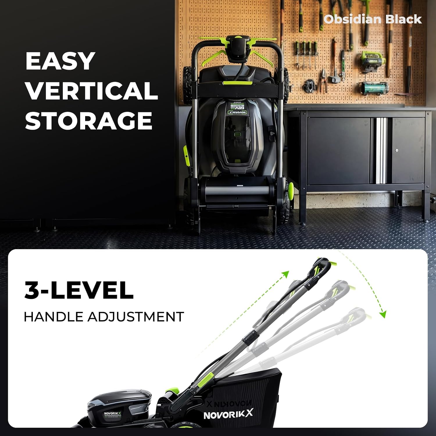 NovorikX 60V 5Ah Self-Propelled Electric Cordless Lawn Mower with 5.0Ah Battery 21-Inch, Brushless Mower for Large Yards, LED Headlight, Rapid Charger 3-in-1 Versatility Obsidian Series