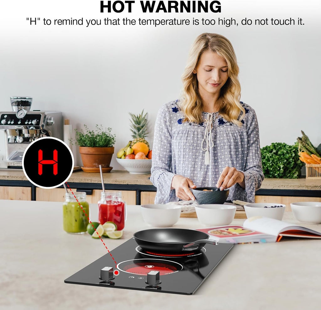 2 Burner Electric Cooktop - 12' Infrared Electric Stove Top with Knob Control, Countertop & Built-in, 2100W Ceramic Electric Hot Plate with 9 Power Levels, Child Lock, Timer, Residual Heat Warning