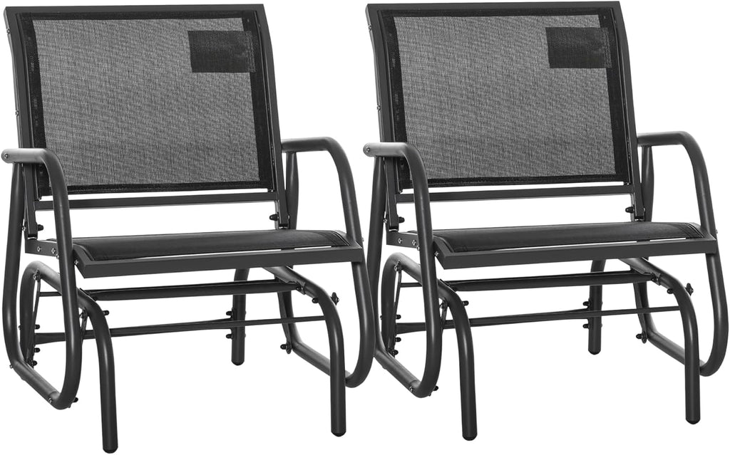 Outsunny Porch Glider Set of 2, Metal Frame Swing Glider Chair with Breathable Mesh Fabric, Curved Armrests and Steel Frame for Garden, Poolside, Backyard, Balcony, Black