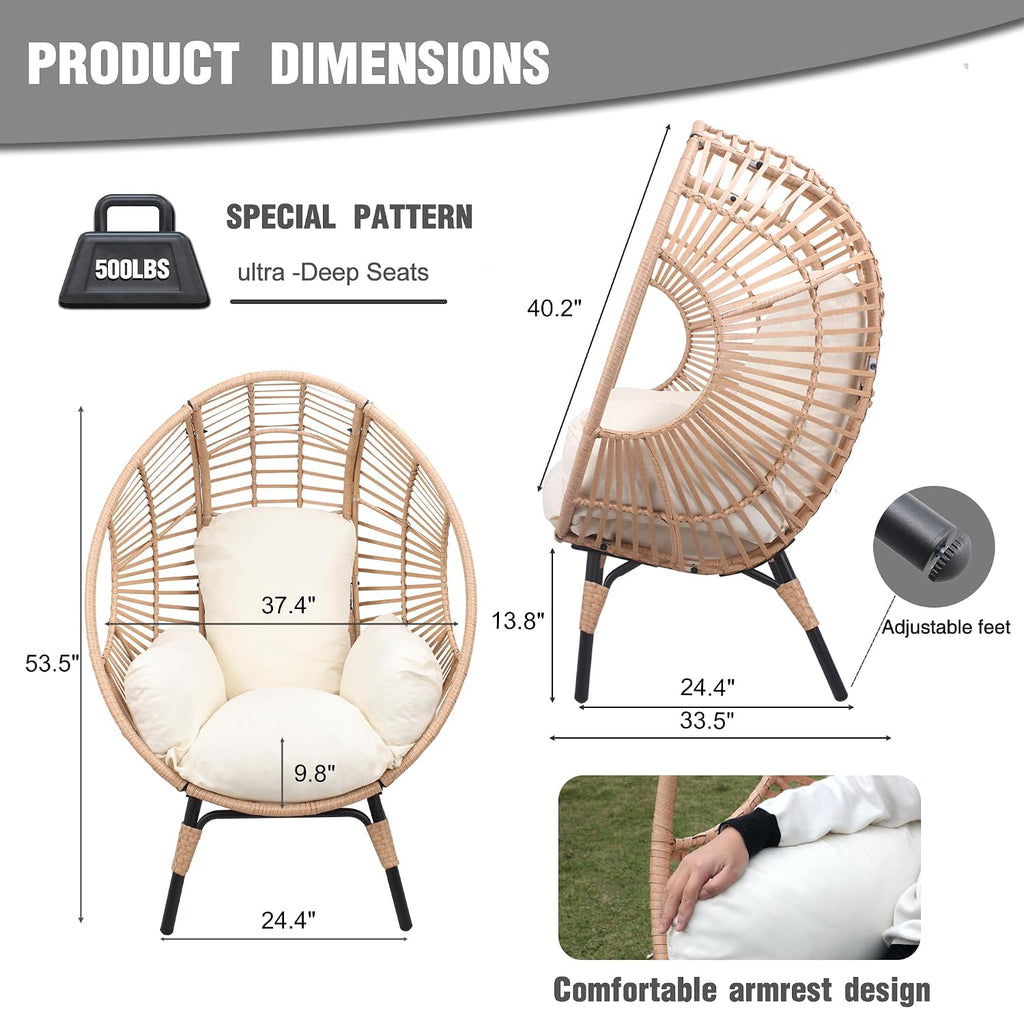 Oversized Wicker Egg Chair Outdoor Indoor,Patio Lounge Chair with Thicken Cushions, Egg Reading Chair 500lbs Capacity for Garden, Backyard, Porch (Beige-Regular, 1pcs)