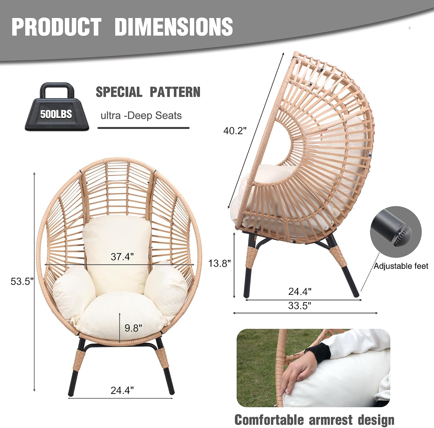 Oversized Wicker Egg Chair Outdoor Indoor,Patio Lounge Chair with Thicken Cushions, Egg Reading Chair 500lbs Capacity for Garden, Backyard, Porch (Beige-Regular, 1pcs)