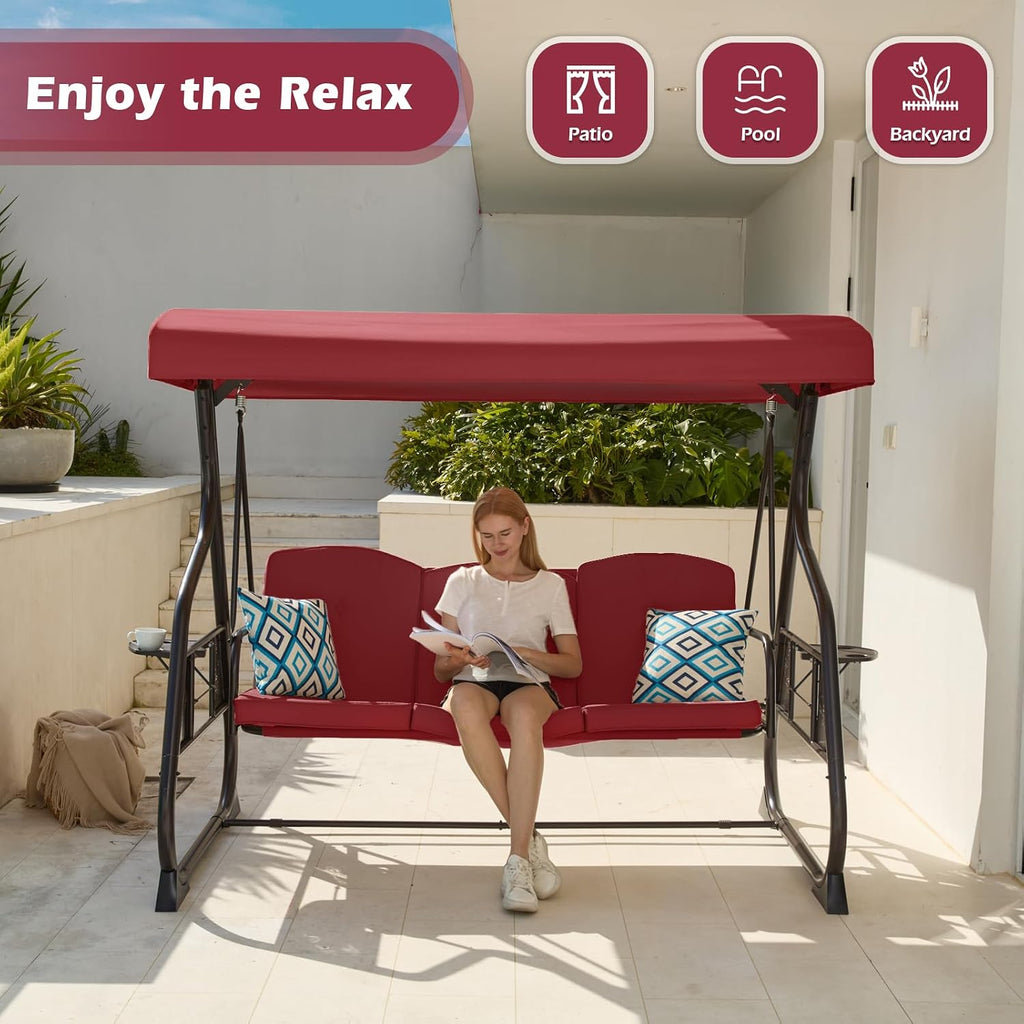 ZZW 3-Seat Patio Porch Swing 800LBS Outdoor Swing with Stand w/Canopy & Adjustable Backrest Patio Glider Chair w/Removable Pillows & Foldable Side Tray for Balcony Garden Deck (Wine Red)