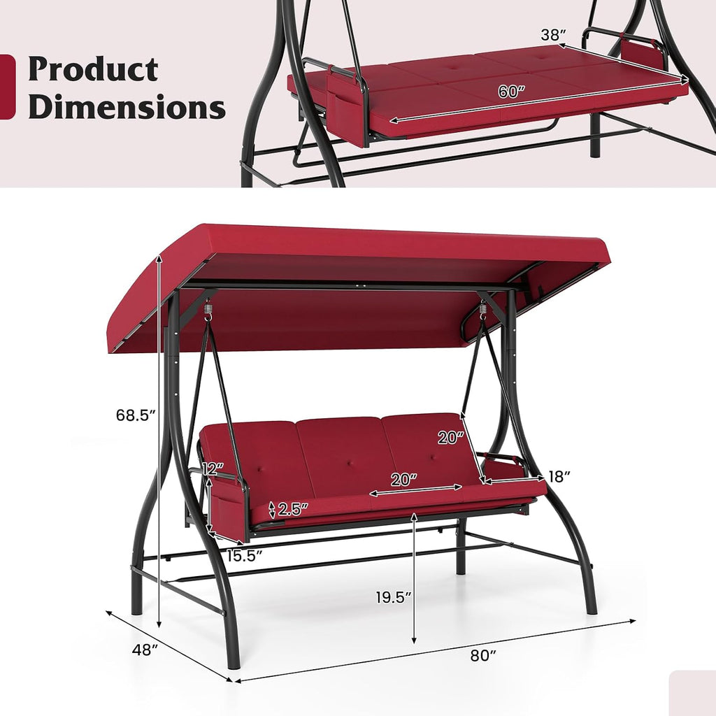 Tangkula 3 Person Porch Swing, 2-in-1 Convertible Outdoor Swing with Adjustable Canopy, Removable Cushions, Metal Frame, Side Pockets for Backyard, Garden, Porch (Burgundy)