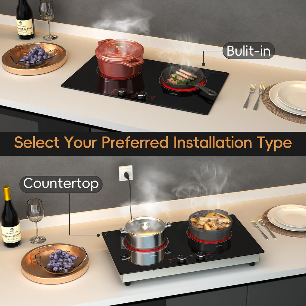 2 Burner Electric Cooktop 24 Inch, 120V Electric Stove Top with Countertop & Built-in Design, 1800W Knob Control Radiant Ceramic Cooktop with Safety Lock, 9 Level Power, 99 Min Timer - Plug in