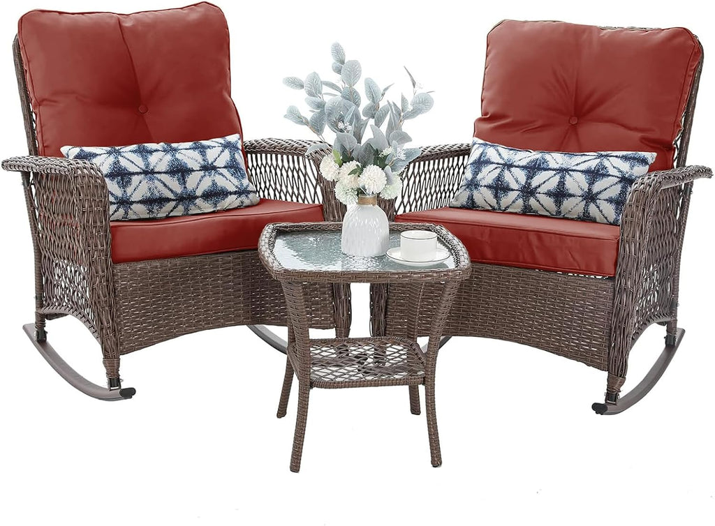 Patio Furniture Set 3 Pieces, Rocking Bistro Set with Thick Cushions, Brown Wicker Outdoor Rocker Chairs and Coffee Table for Porch, Backyard or Garden (Red)