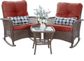 Patio Furniture Set 3 Pieces, Rocking Bistro Set with Thick Cushions, Brown Wicker Outdoor Rocker Chairs and Coffee Table for Porch, Backyard or Garden (Red)