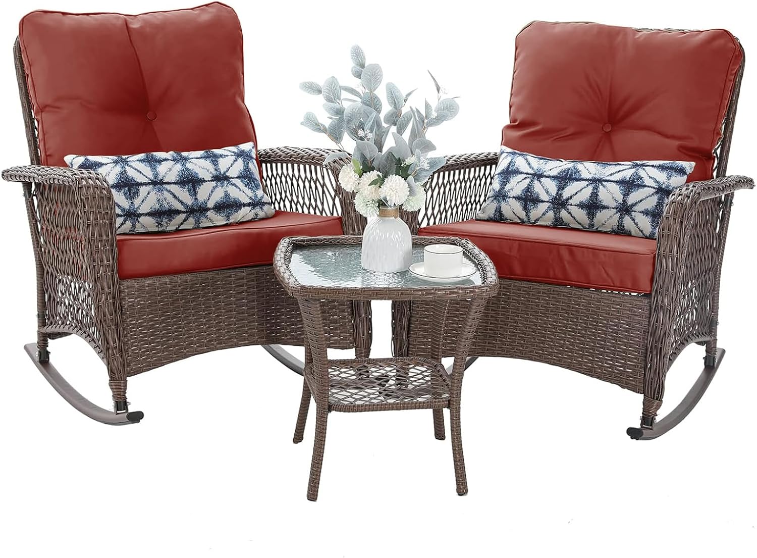 Patio Furniture Set 3 Pieces, Rocking Bistro Set with Thick Cushions, Brown Wicker Outdoor Rocker Chairs and Coffee Table for Porch, Backyard or Garden (Red)