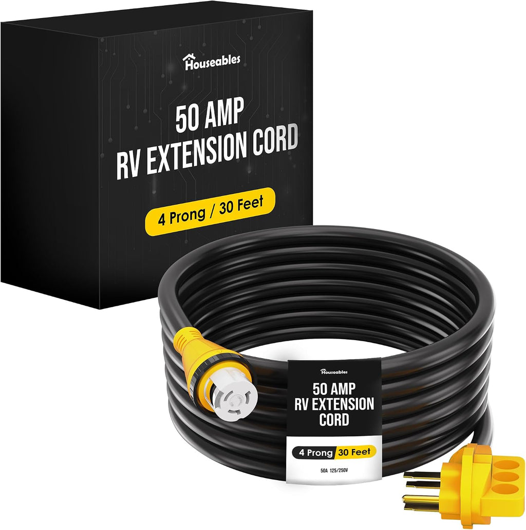 Houseables 50 Amp RV Extension Cord, 50 Amp RV Cord, Generator Cable, 50amp Power Cable, Generator Wire, 50a Shore Power, Twist Lock, Camper, 4 Prong, SS2-50R to 14-50P, STW, 125/250v, UL Listed, 30FT