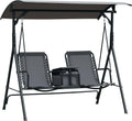 Outsunny 2-Seater Patio Swing Chair, Outdoor Canopy Swing Glider with Pivot Storage Table, Cup Holder, Adjustable Shade, Bungie Seat Suspension and Weather Resistant Steel Frame, Gray