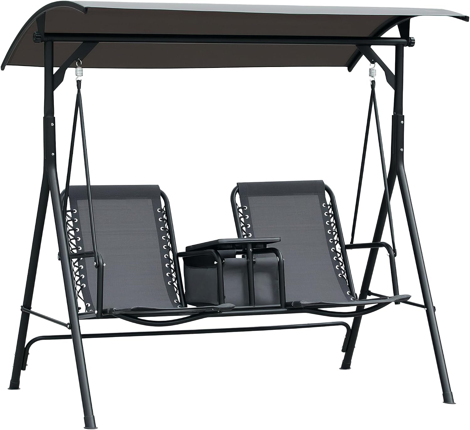 Outsunny 2-Seater Patio Swing Chair, Outdoor Canopy Swing Glider with Pivot Storage Table, Cup Holder, Adjustable Shade, Bungie Seat Suspension and Weather Resistant Steel Frame, Gray