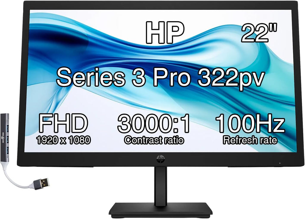 HP 22' FHD VA Monitor with 5 ms Response Time, Anti-Glare, Flicker Free, VESA Mount (100x100mm), HDMI, VGA & Dockztorm USB Port Expander, Black Color (2026 Latest Model)