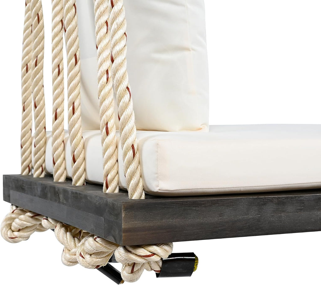 YOPTO Acacia Wood Porch Swing Bench with Cushion & Pillows, 63' Outdoor Hanging Bench for 2 Adults, Rustic Heavy Duty 10.8ft Ropes Swing Daybed for Patio Backyard Garden, White