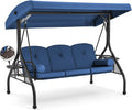 HOMREST 3 Seat Outdoor Porch Swing with Adjustable Canopy, Convertible Patio Swing Bed with Stand, Patio Glider Swing with Upgraded Cup Holder, Thicken Cushions ＆ Pillow for Backyard(Blue)