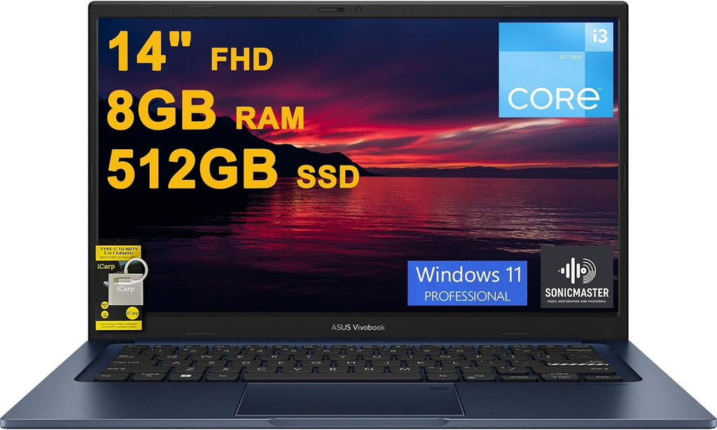 ASUS VivoBook 14 Business Laptop 14' FHD Anti-Glare Intel 6-core i3-1215U 8GB DDR4 512GB SSD Type-C Privacy Camera SonicMaster Fast Charging Win11Pro ICP Hub