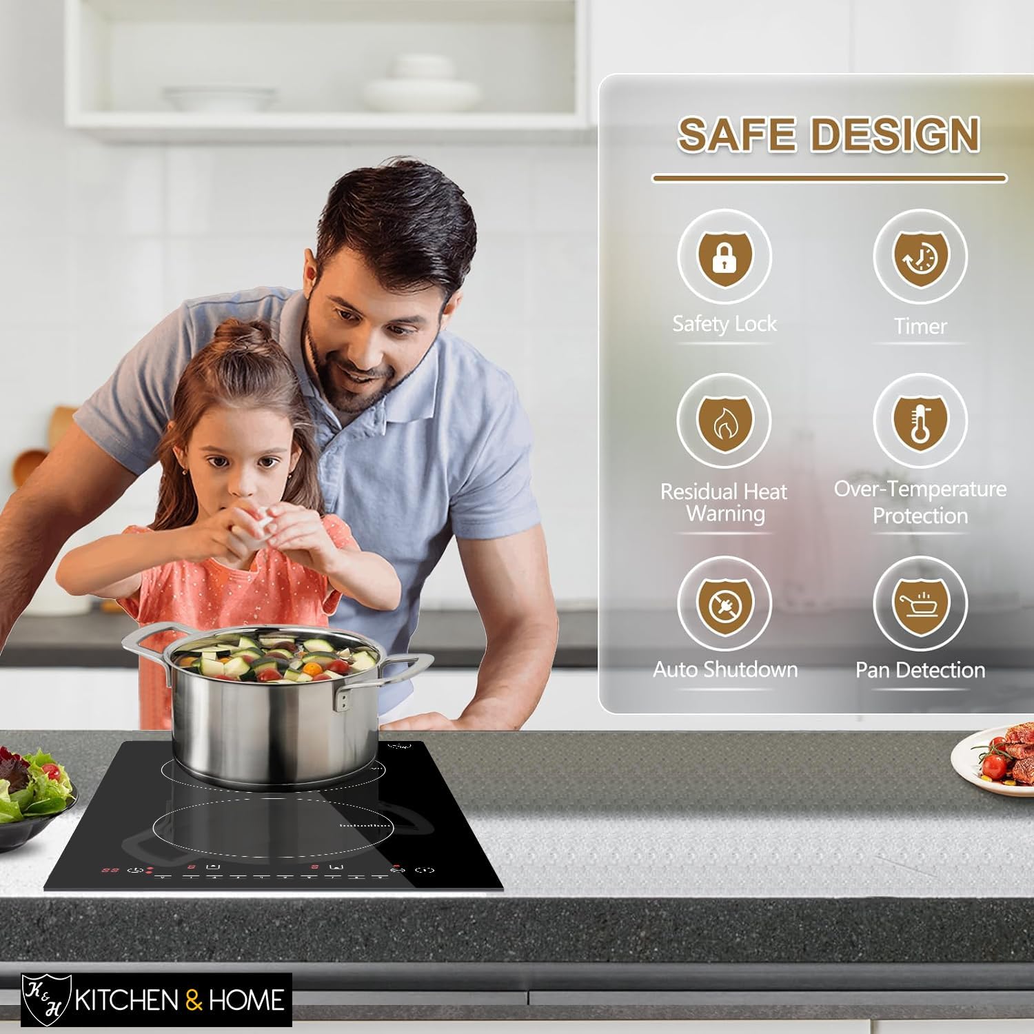 K&H Dual Induction Cooktop - 12 Inch Portable Electric Stove Top with 9 Heating Levels - 220V, 3100W Built-in Ceramic Glass Portable Induction Cooktop - Touch Control, Timer & Child Lock, INDV-3102