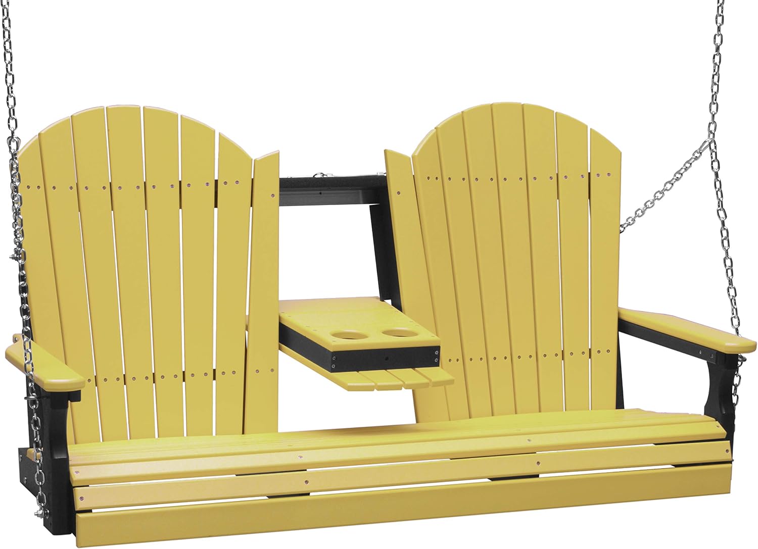 LuxCraft 5' Adirondack Hanging Porch Swing with Center Console, Outdoor Patio Swing, Front Porch Swing, Outdoor Swing Bench (Yellow & Black)