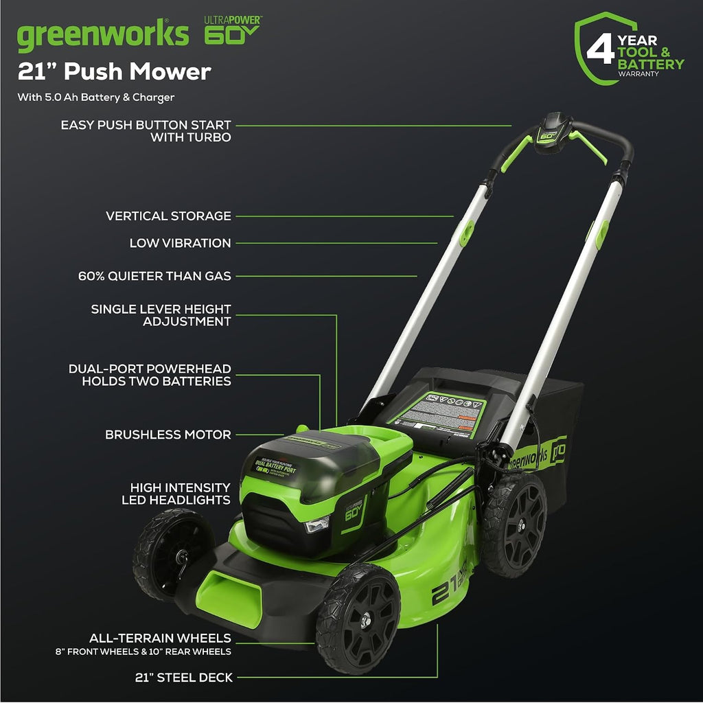 Greenworks 60V 21' Brushless (Push) Cordless Lawn Mower, 5.0Ah Battery (1/2 Acre, Rapid Charger, 4-in-1, LED Lights, IPX4)