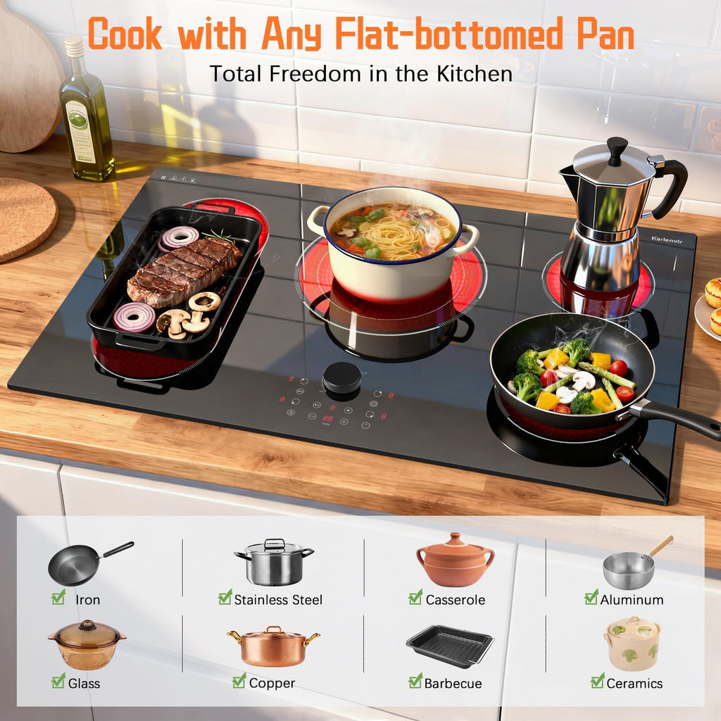 36 Inch Electric Cooktop, 5 Burner Stove Top 9600W, Built in Electric Cooktop 36', Magnetic Knob, Three-ring Burner & BBQ, Timer, Safety Lock, Pause, 220V-240V Hard Wire (No Plug)
