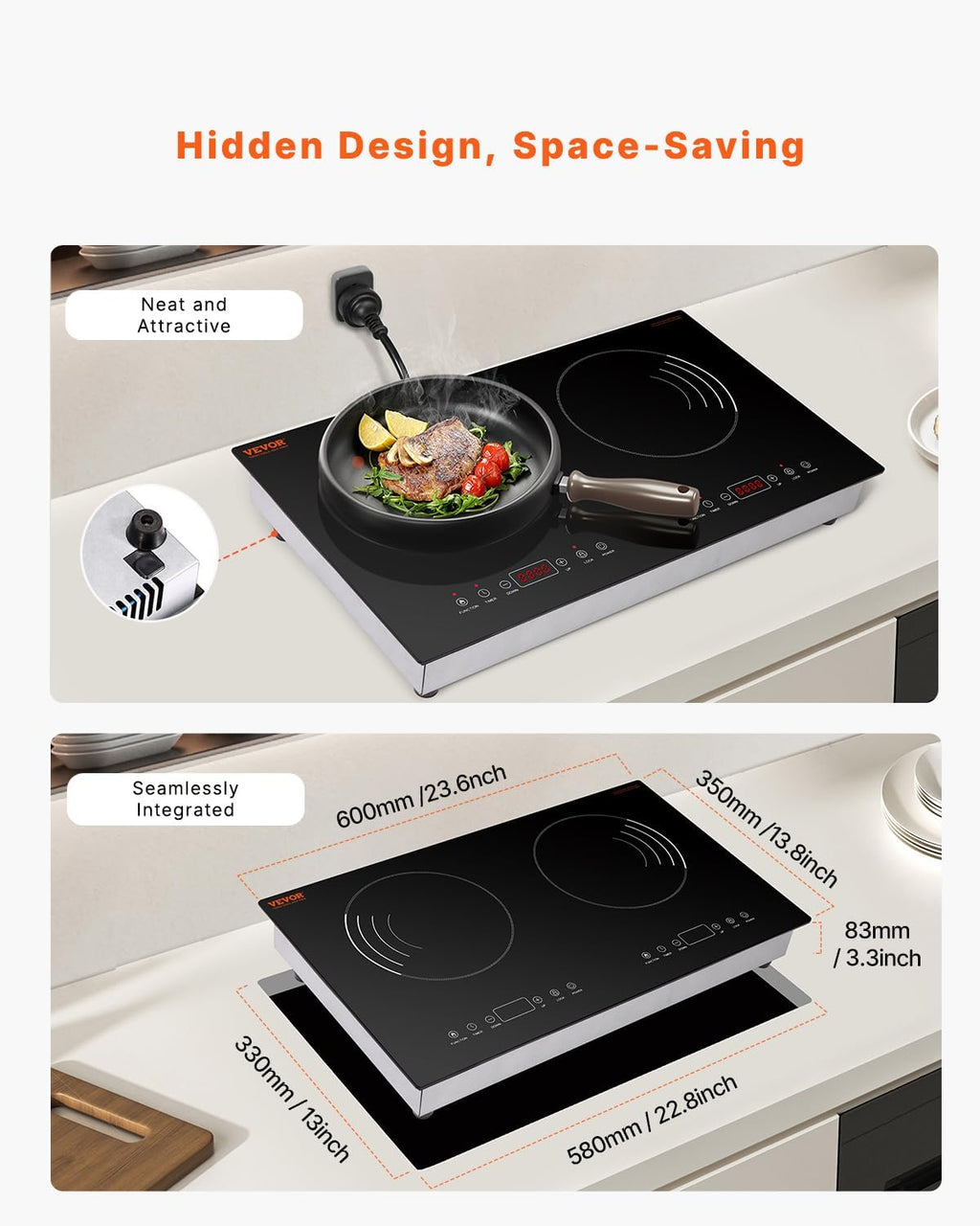 VEVOR Induction Cooktop, 1800W Electric Countertop Burner with 9 Power Settings, 2 Burner Touch Control Stove, Built-in Induction Cooktop, Include 99-Min Timer, Child Safety Lock, Glass Surface