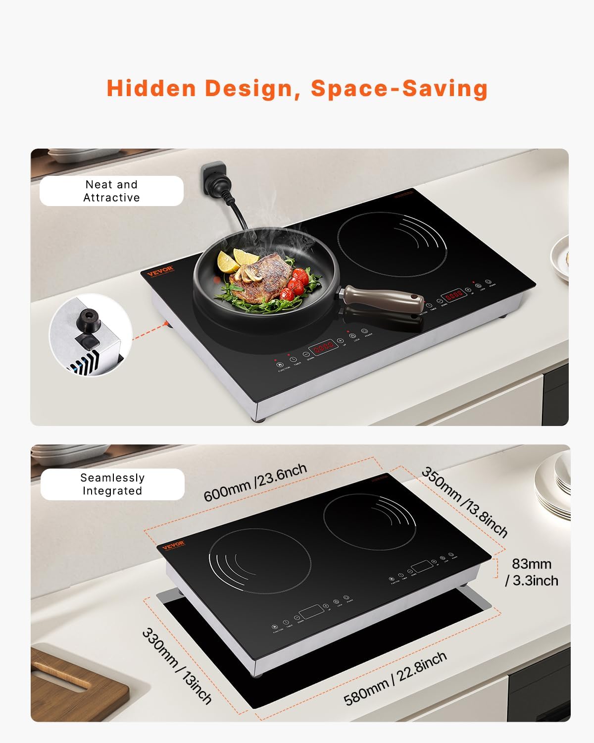 VEVOR Induction Cooktop, 1800W Electric Countertop Burner with 9 Power Settings, 2 Burner Touch Control Stove, Built-in Induction Cooktop, Include 99-Min Timer, Child Safety Lock, Glass Surface