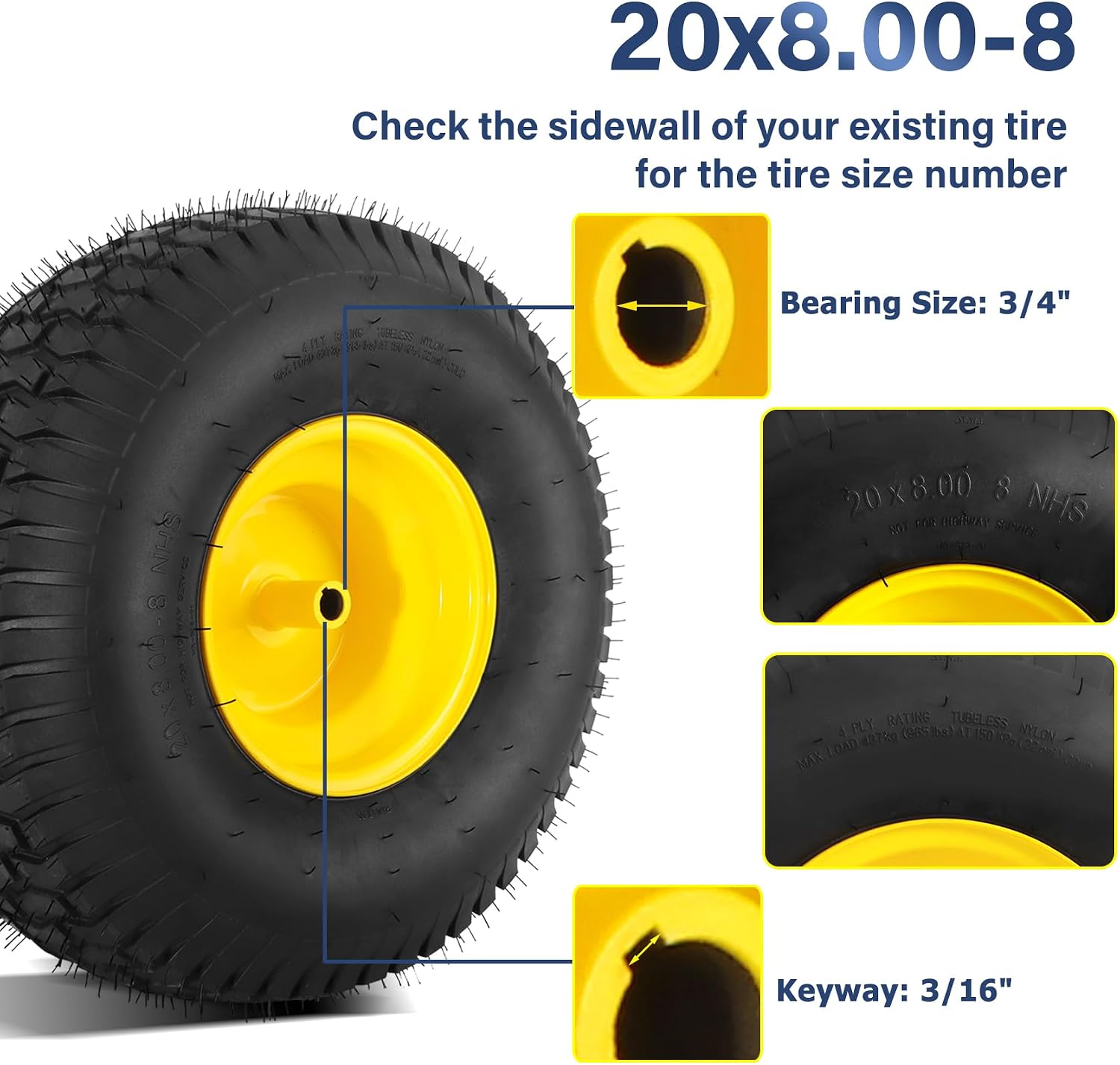 2Pcs 20x8.00-8 Lawn Mower Tires, Rear Tire and Wheel Assemblies for Riding Lawn Mowers, 4-Ply Tubeless Turf-Friendly Tires with 3/4' Borehole, 3.5' Offset Hub and 3/16' Keyway, 965LBS Load Capacity