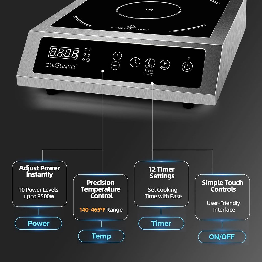 Commercial 3500W Induction Cooktop, Portable 240V Countertop Burner with 10 Power Levels, 12 Timer Settings, 140-465°F Temperature Control, LCD Display, Stainless Steel Housing