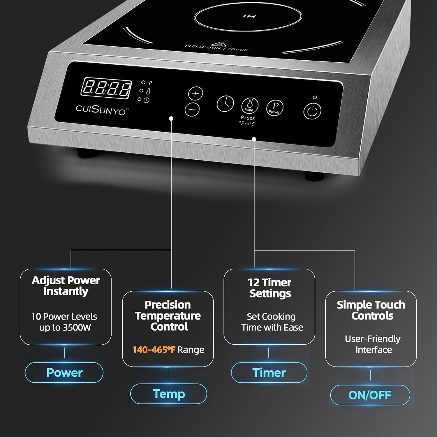 Commercial 3500W Induction Cooktop, Portable 240V Countertop Burner with 10 Power Levels, 12 Timer Settings, 140-465°F Temperature Control, LCD Display, Stainless Steel Housing