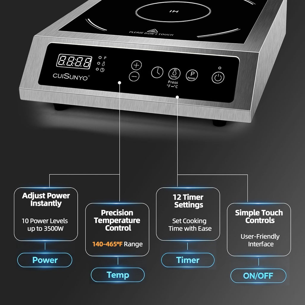 Commercial 3500W Induction Cooktop, Portable 240V Countertop Burner with 10 Power Levels, 12 Timer Settings, 140-465°F Temperature Control, LCD Display, Stainless Steel Housing