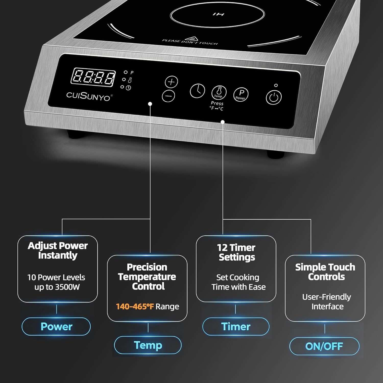 Commercial 3500W Induction Cooktop, Portable 240V Countertop Burner with 10 Power Levels, 12 Timer Settings, 140-465°F Temperature Control, LCD Display, Stainless Steel Housing