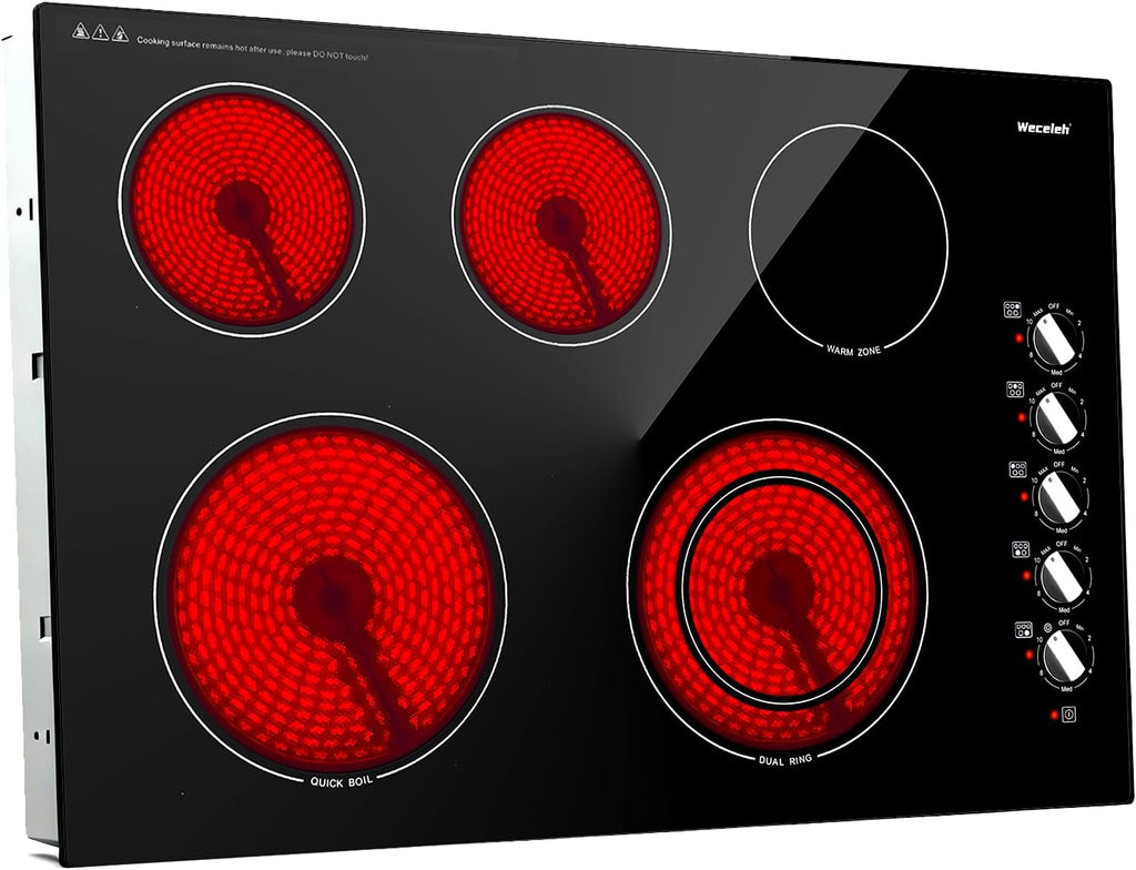30 Inch Electric Cooktop, 5 Burners Built-in Cooktop, 7300W Knob Control Electric Stove Top with 11 Power Levels, Safety Lock, Dual Ring, Heat Retention Function, Hot Surface Indicator