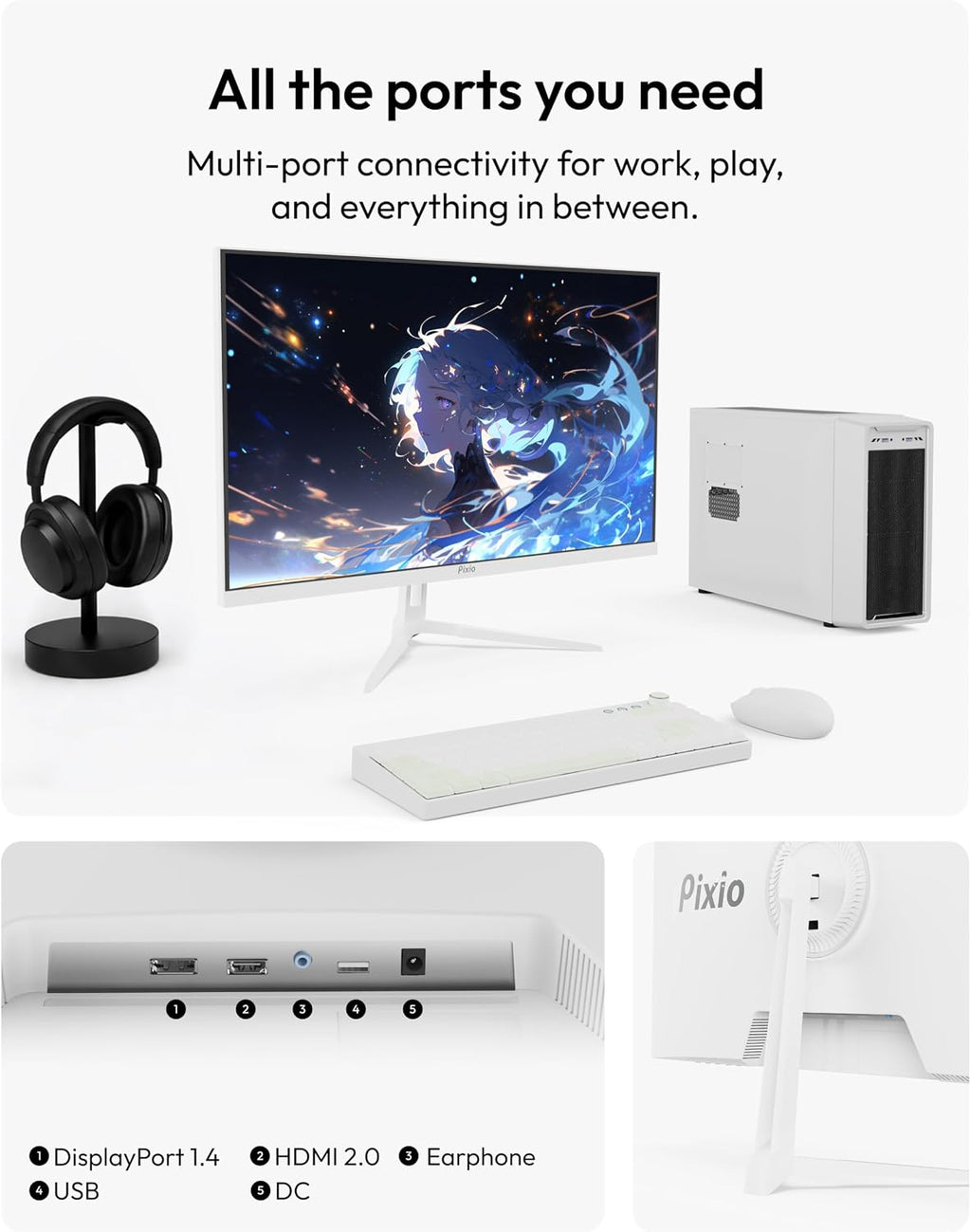 Pixio PX275 Wave White 27 inch 100Hz Refresh Rate QHD 1440p Resolution IPS Panel 1ms MPRT Response Time Gaming Monitor with Adaptive Sync